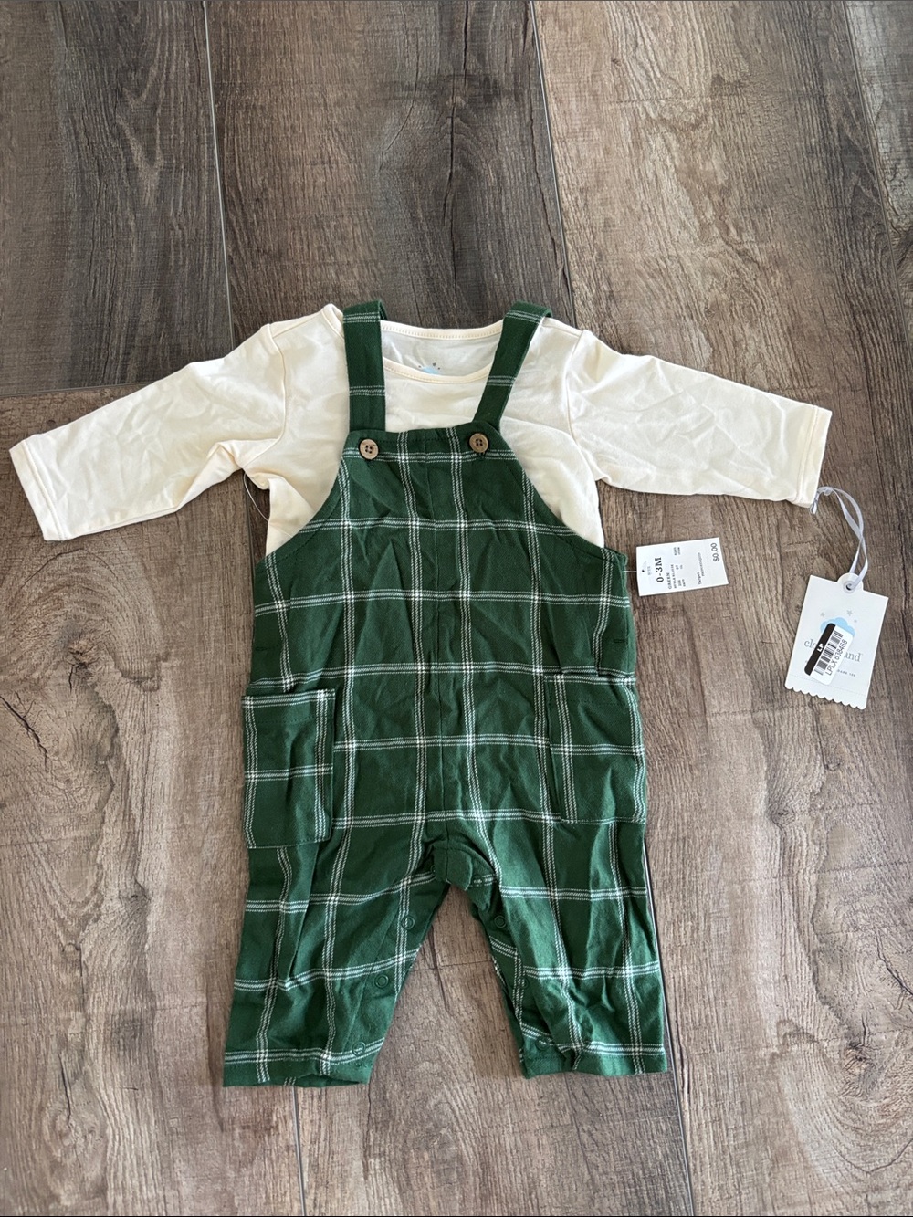 Green Plaid Overalls with Cream Long-Sleeve Tee